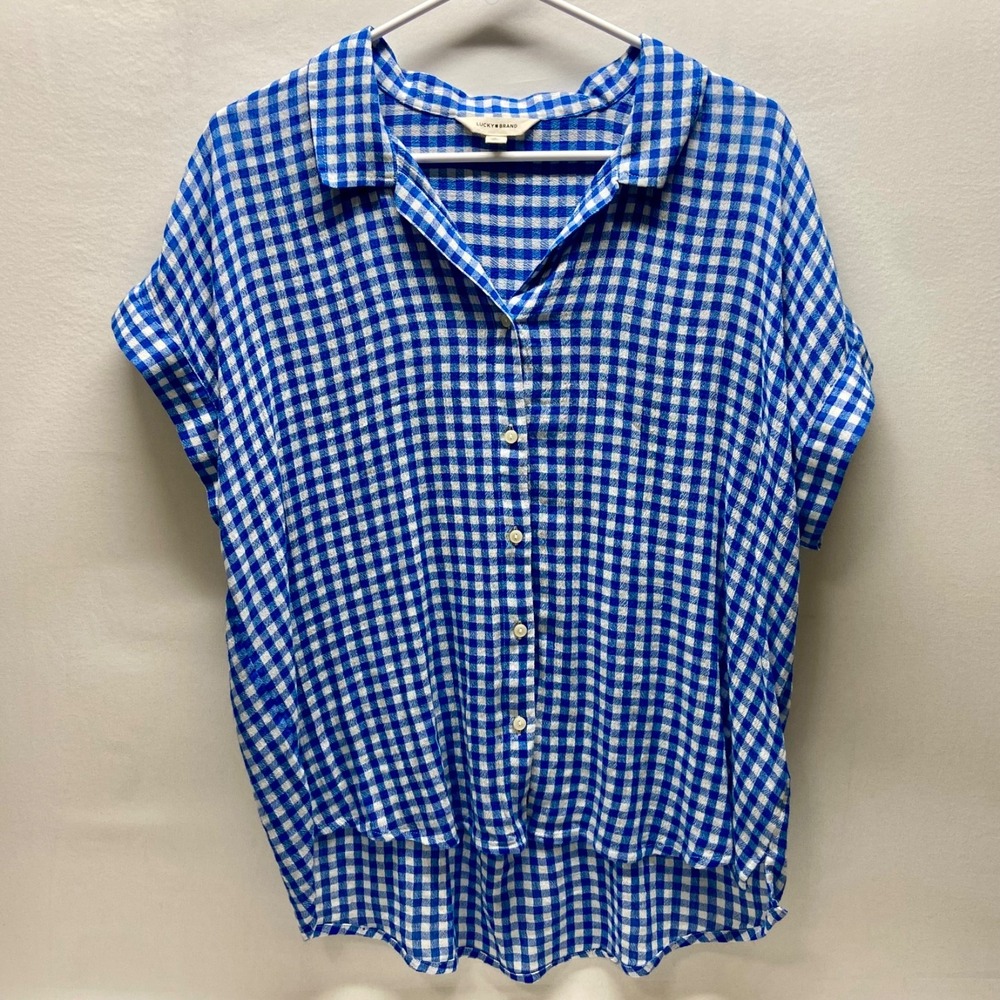 Lucky Brand Button Down Blouse Women's Medium Blue White Gingham Cap Sleeve EUC